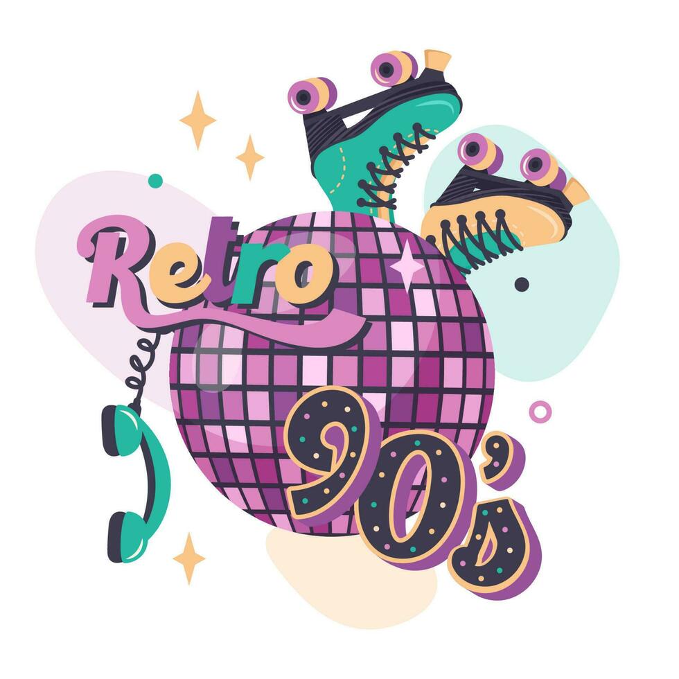 retro sjabloon in retro stijl van jaren 90, jaren 80. roze disco bal met rol het schaatsen, handset, kleur tekst. clip art. vector illustratie voor nostalgie musical partij, reclame poster, oud school- banier