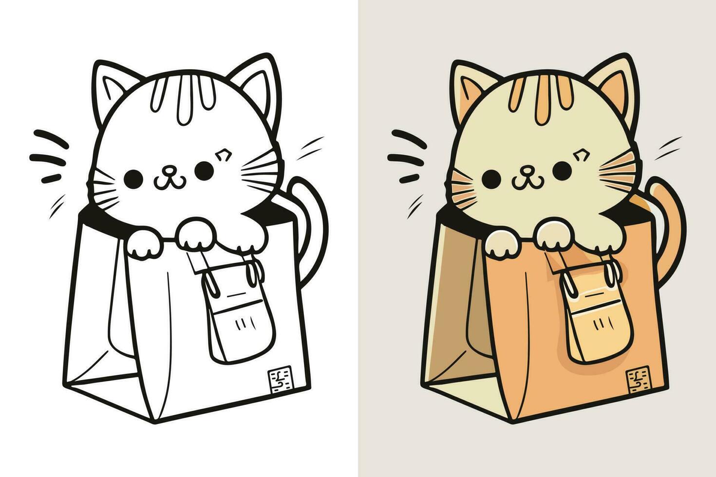 de karakter van een weinig kat in een papier boodschappen doen tas, schattig kat, kat tekenfilm, kat tekening, kat mascotte vector