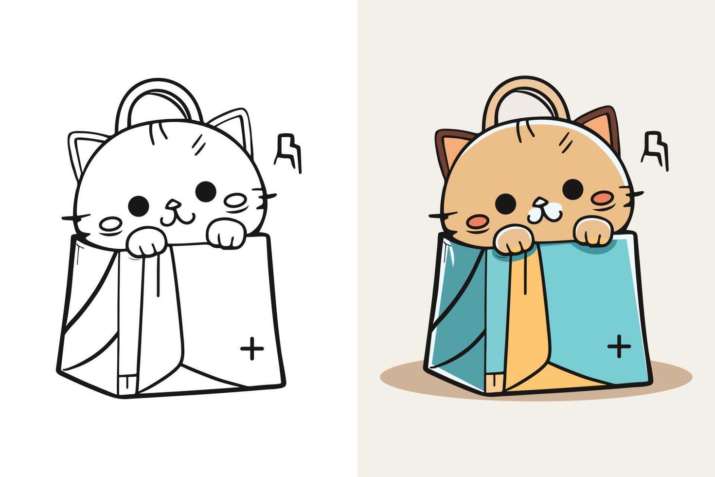 de karakter van een weinig kat in een papier boodschappen doen tas, schattig kat, kat tekenfilm, kat tekening, kat mascotte vector