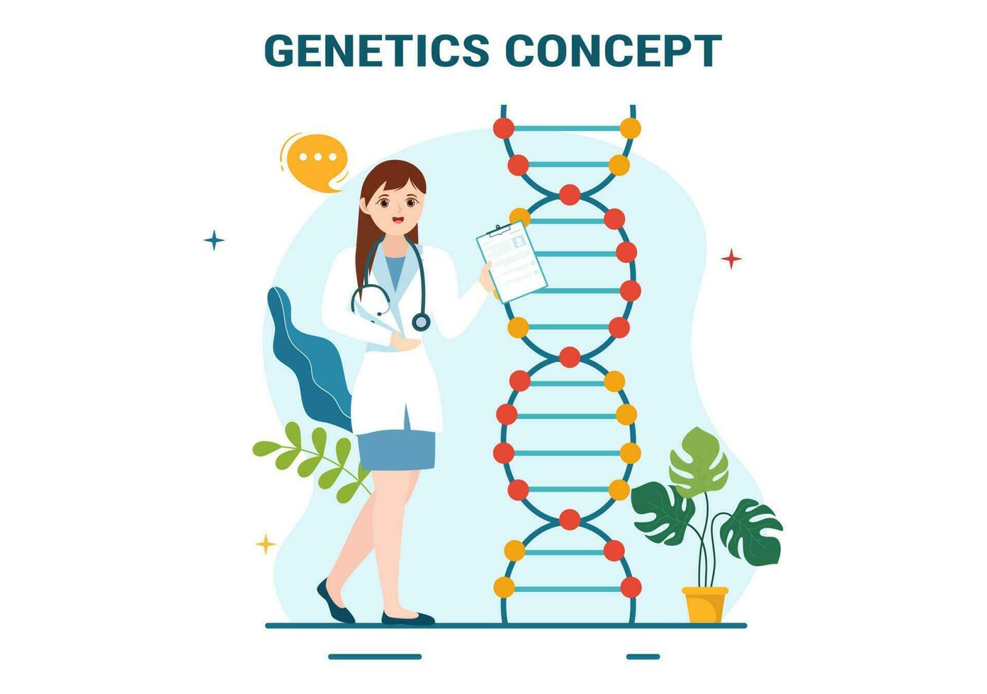 genetisch wetenschap concept vector illustratie met dna molecuul structuur en wetenschap technologie in gezondheidszorg vlak tekenfilm hand- getrokken Sjablonen