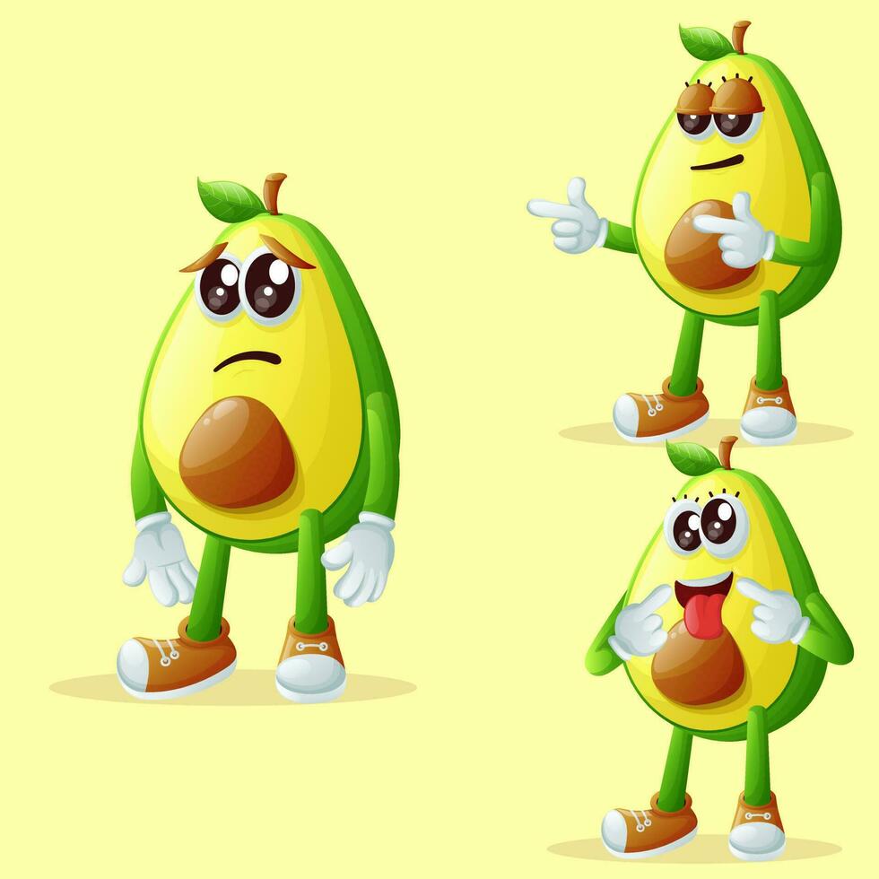 schattig avocado tekens met verschillend gelaats uitdrukkingen vector