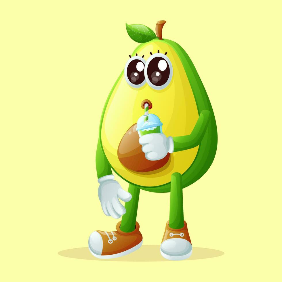 schattig avocado karakter drinken een groen smoothie met een rietje vector