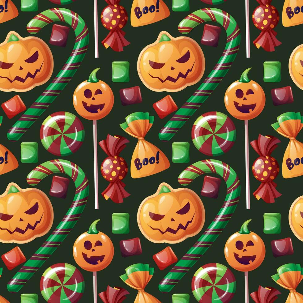 naadloos patroon met halloween snoepgoed Aan een donker achtergrond. koekjes in de het formulier van pompoen, snoep, lolly, heemst. truc of traktatie. feestelijk structuur Super goed voor omhulsel papier, behang, stof,. vector