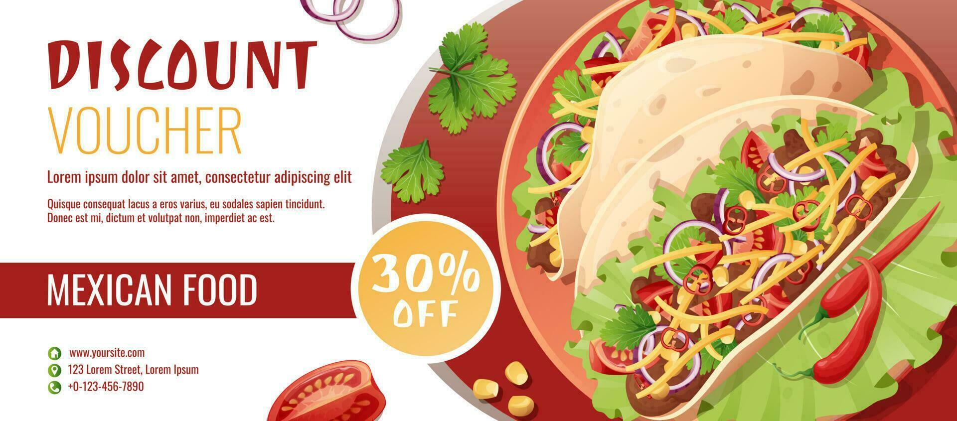 korting bon, Mexicaans voedsel sjabloon ontwerp. coupon met taco's met peper vlees, kaas. banier, poster, folder, reclame voor een restaurant vector