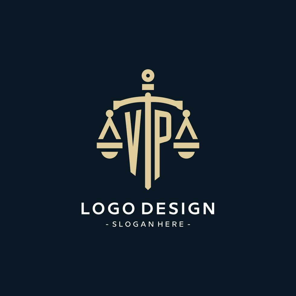 vp eerste logo met schaal van gerechtigheid en schild icoon vector