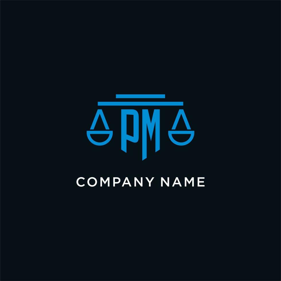 p.m monogram eerste logo met balans van gerechtigheid icoon ontwerp inspiratie vector