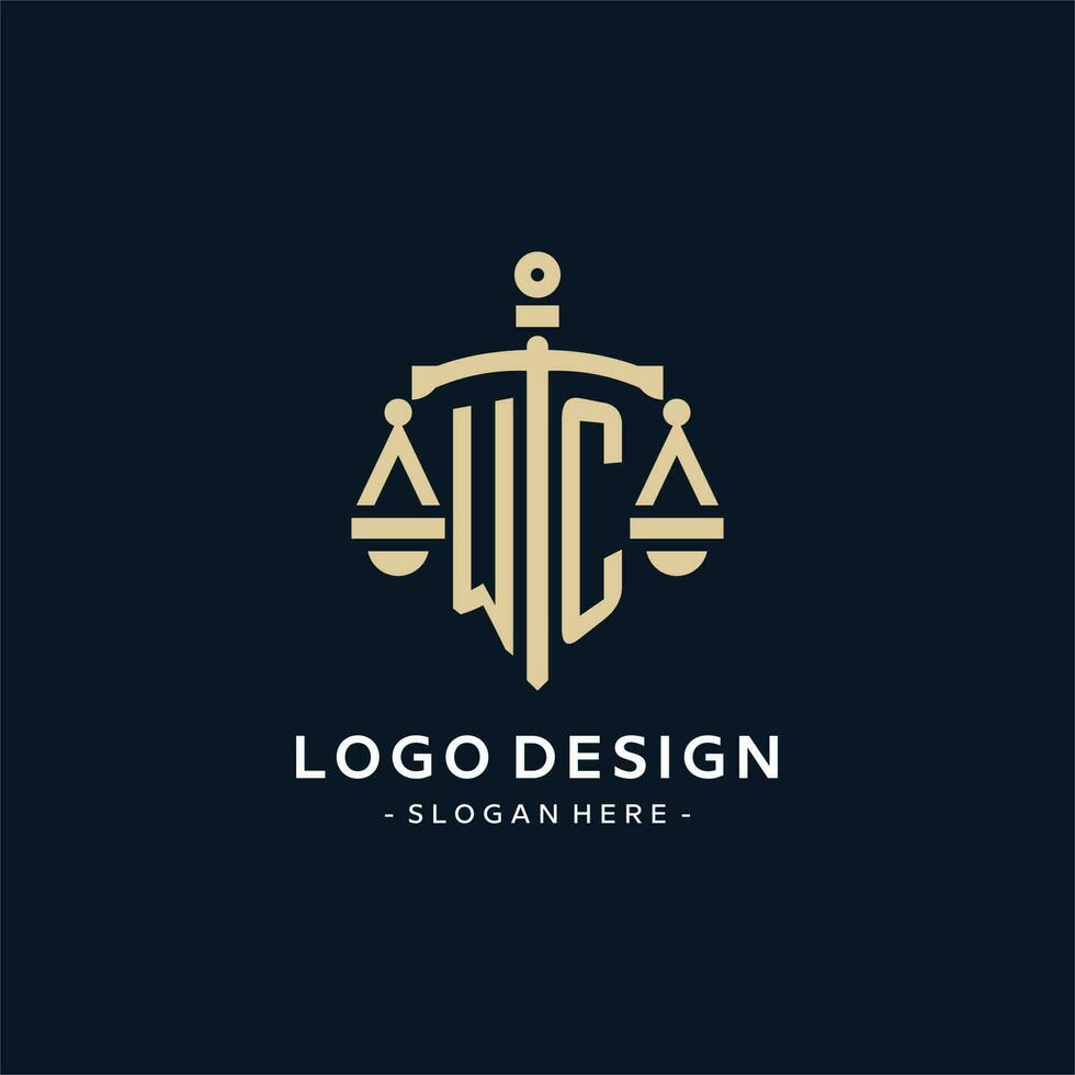 wc eerste logo met schaal van gerechtigheid en schild icoon vector