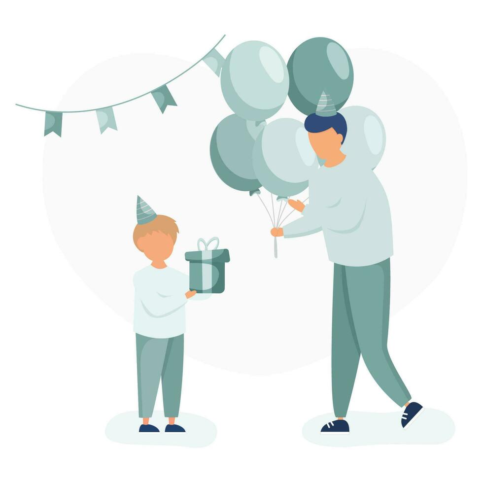 vader geeft zijn zoon ballonnen. weinig jongen Holding geschenk doos voor vieren verjaardag feest. gelukkig verjaardag concept. vector