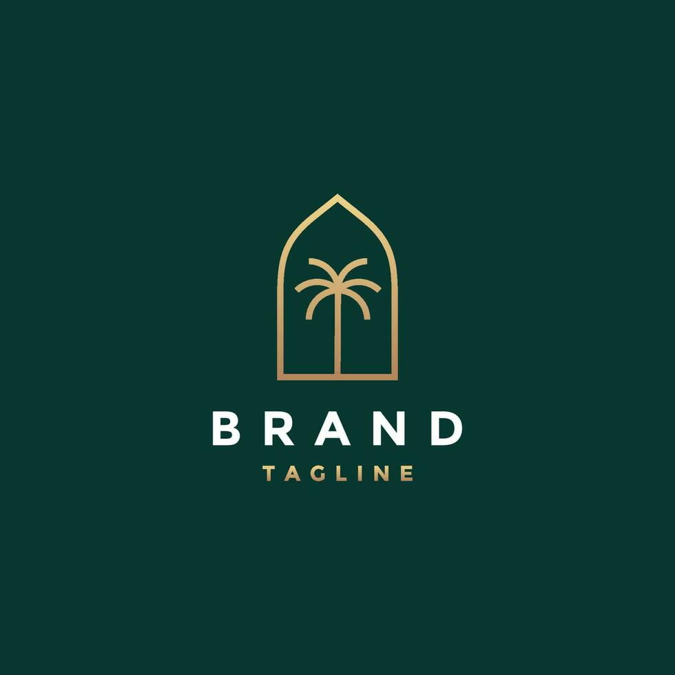 minimalistische lijnen van palm bomen binnen de koepel kader logo ontwerp. midden- oostelijk deur kader met palm boom icoon binnen logo ontwerp. vector