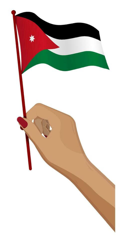 vrouw hand- voorzichtig houdt klein vlag van Jordanië. vakantie ontwerp element. tekenfilm vector Aan wit achtergrond