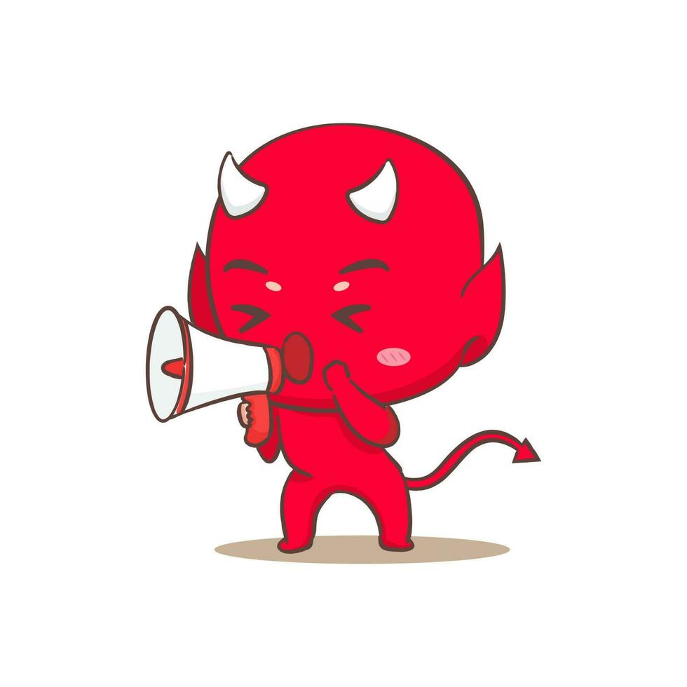 schattig rood duivel Holding megafoon tekenfilm karakter. halloween en monster concept ontwerp. geïsoleerd vlak tekenfilm stijl. vector kunst illustratie