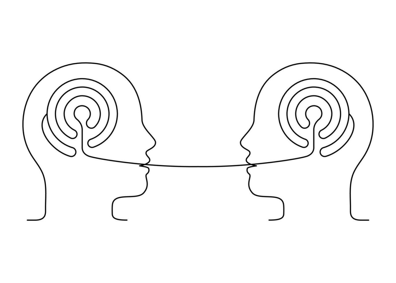 mensen praten, logica toespraak, begrip gesprek, schets. doolhof logica denken brein. psychotherapie communicatie. gesprek twee persoon, dialoog spreken. vector doorlopend lijn