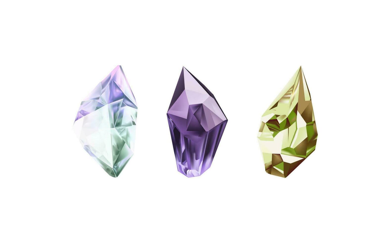 een verzameling van afbeeldingen van diamanten van divers meetkundig vormen, kleuren en maten.glas glimmend Kristallen met verschillend tinten reflecterend licht.vector realistisch reeks van gloed edelsteen of kleurrijk ijs. vector