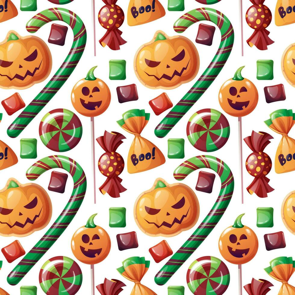 naadloos patroon met halloween snoepgoed Aan een wit achtergrond. koekjes in de het formulier van pompoen, snoep, lolly, heemst. truc of traktatie. feestelijk structuur Super goed voor omhulsel papier, behang, kleding stof. vector