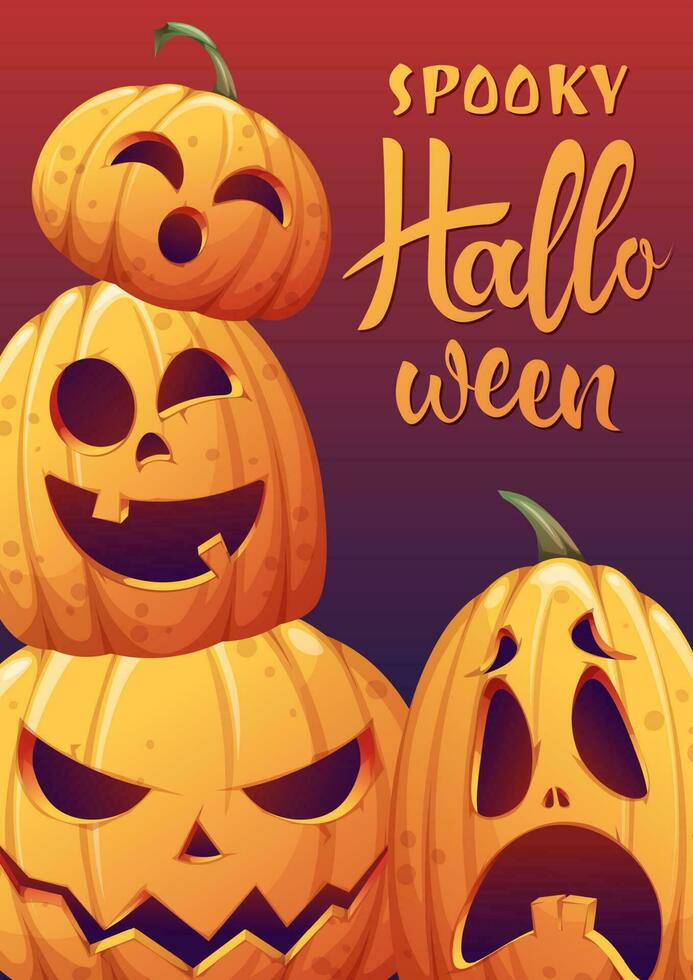 vector poster met halloween pompoenen. ansichtkaart voor de vakantie. gelukkig halloween, vakantie symbool. poster, ansichtkaart, uitnodiging, banier a4 grootte