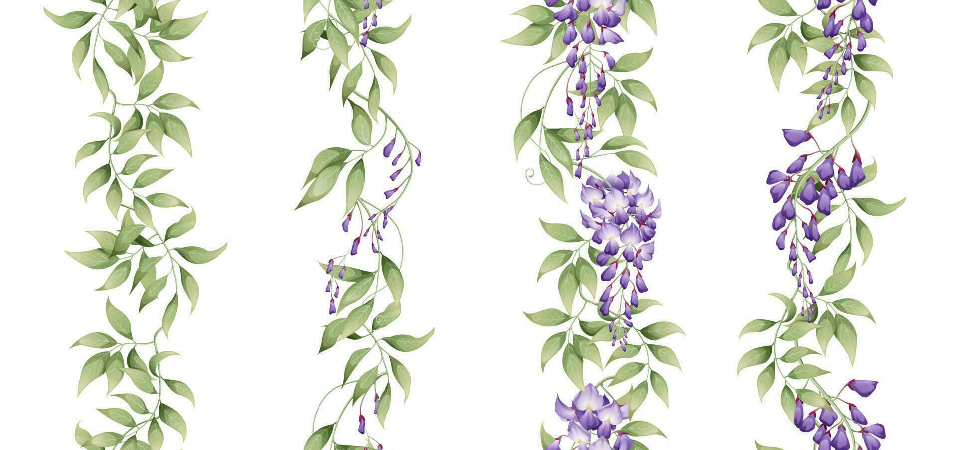 reeks van verticaal naadloos borders met Purper blauweregen en groen bladeren. Aziatisch planten. botanisch bloem illustratie voor bruiloft ontwerp, behang, reclame. vector