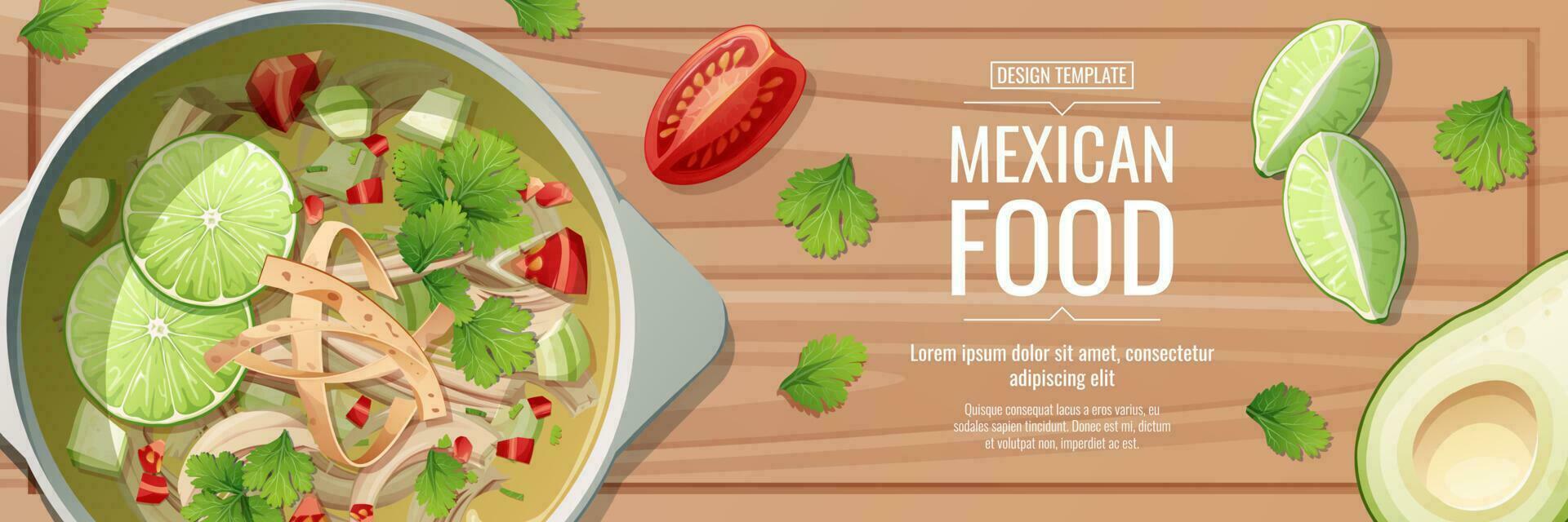 banier met limoen soep, tomaten en koriander. nationaal Mexicaans voedsel. smakelijk en gezond voedsel, Koken, menu. online voedsel bestellen. vector