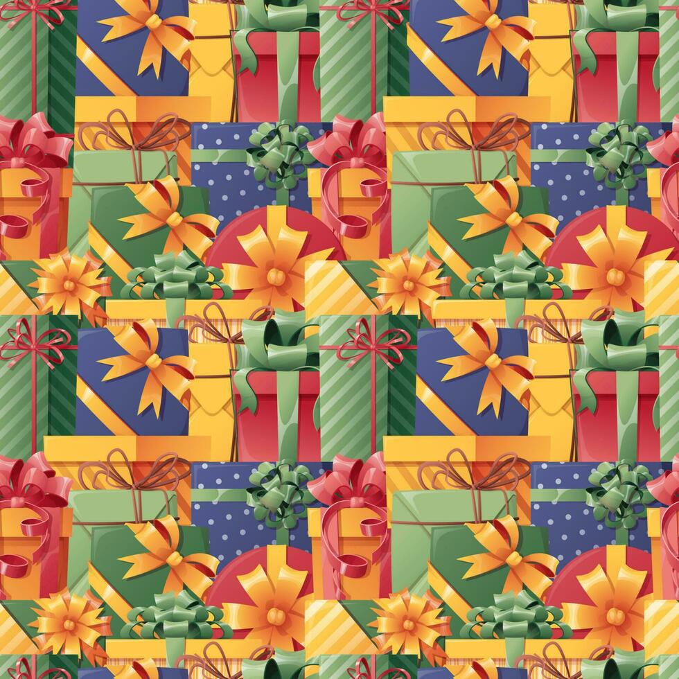 naadloos patroon met geschenk dozen. Kerstmis vakantie structuur voor omhulsel papier, kleding stof, behang. naadloos achtergrond met cadeaus met bogen vector