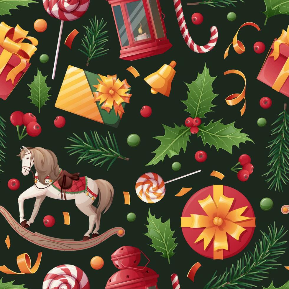 Kerstmis naadloos patroon met feestelijk decor Aan een donker achtergrond. Kerstmis winter structuur met geschenken, Spar boom, hulst speelgoed. Super goed voor omhulsel papier, achtergronden, textiel, enz. vector
