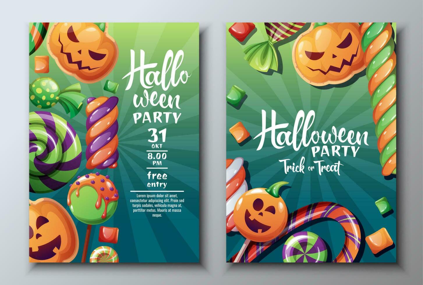 vector reeks van halloween partij uitnodigingen of groet kaarten met snoep, pompoen koekjes