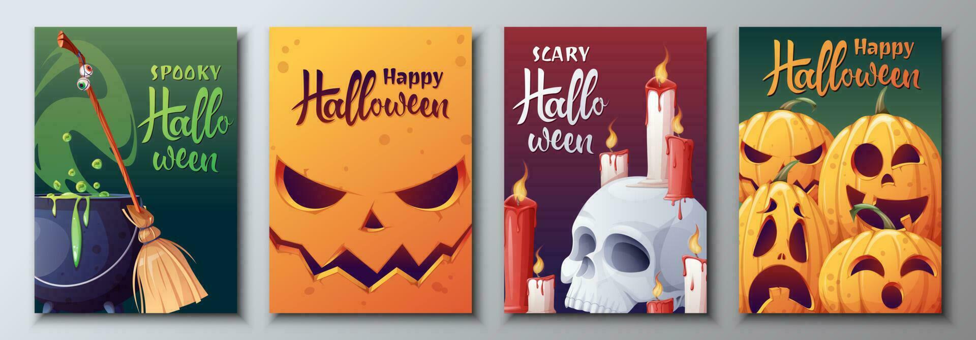 reeks van vector ansichtkaarten voor halloween. heks s ketel, eng pompoenen, bezem, schedel, kaarsen. illustratie voor groet kaarten, uitnodigingen, spandoeken, posters