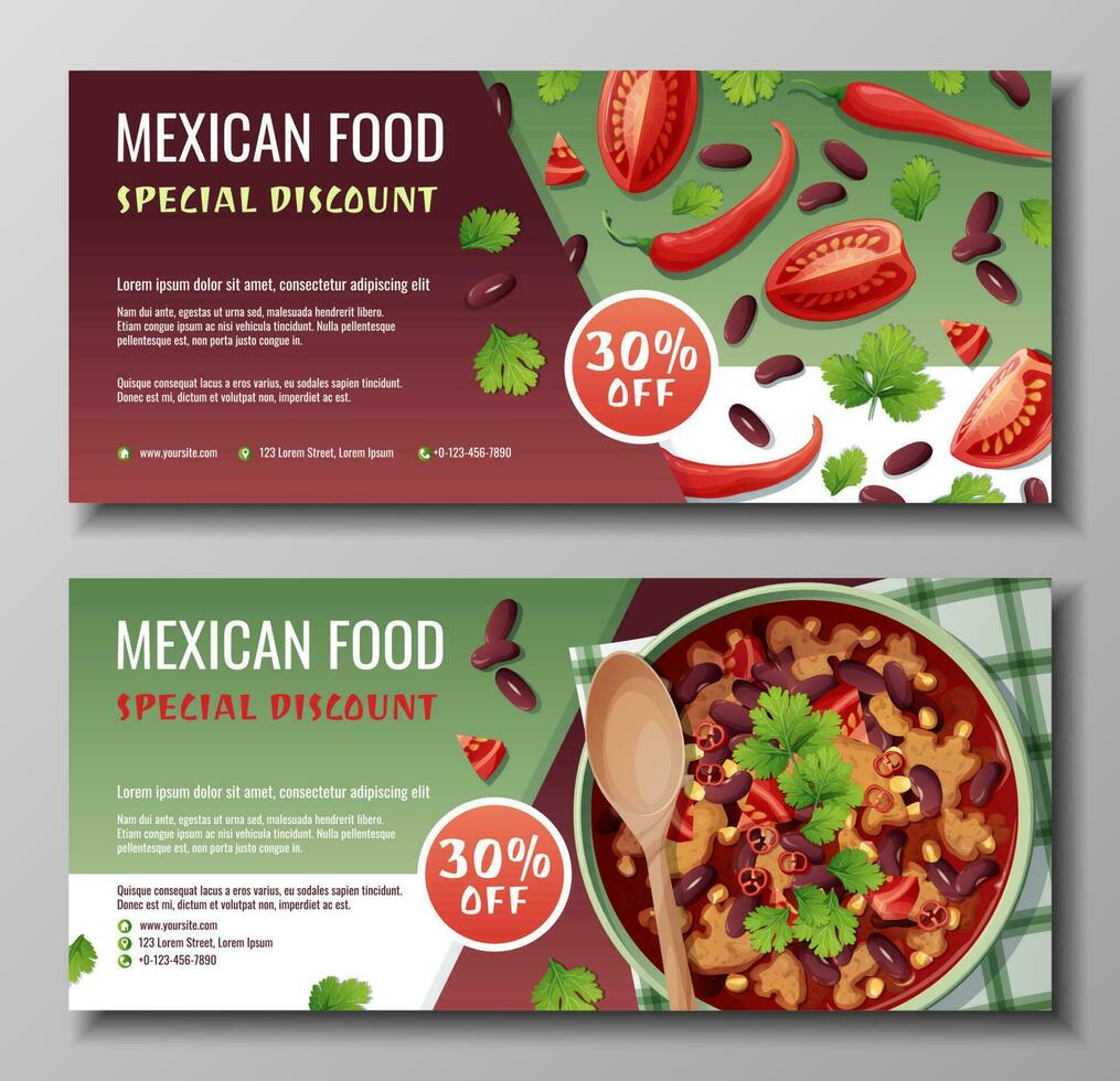 korting bon, Mexicaans voedsel sjabloon ontwerp. coupon reeks met Boon soep, tomaten. banier, poster, folder, reclame voor een restaurant vector