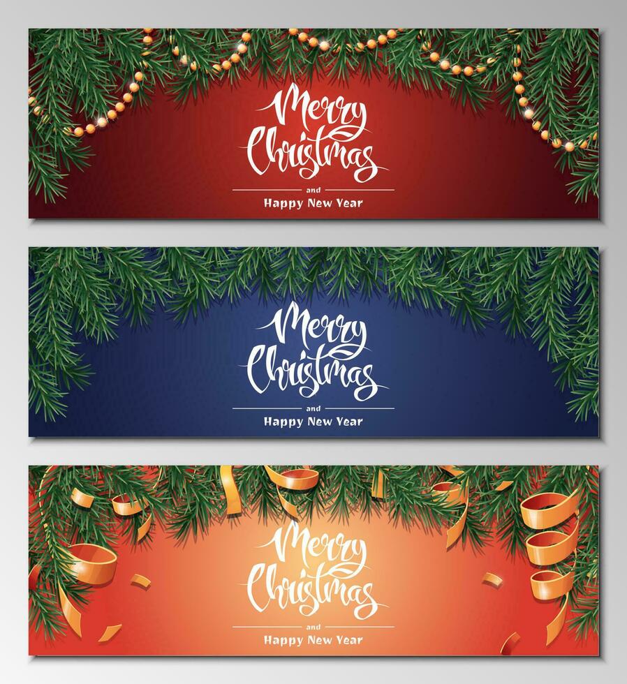 reeks van Kerstmis horizontaal banners met Spar takken en vakantie decoraties. Kerstmis achtergrond met feestelijk decor. Super goed voor winter spandoeken, flyers, posters vector