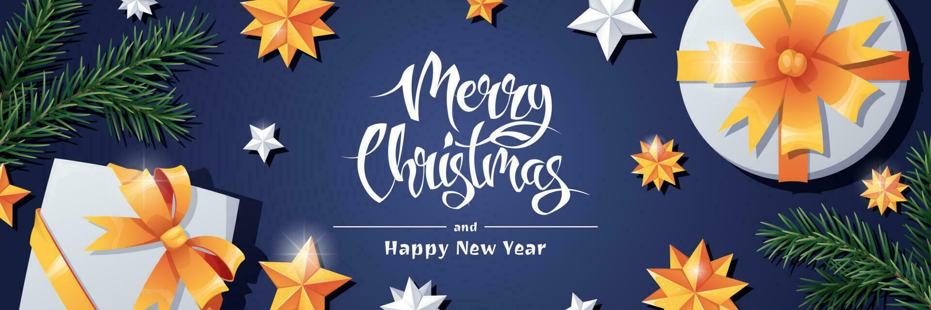 Kerstmis banier met geschenken, goud en wit sterren en Spar takken. feestelijk achtergrond met Kerstmis decoratie Aan een blauw achtergrond. vector winter illustratie