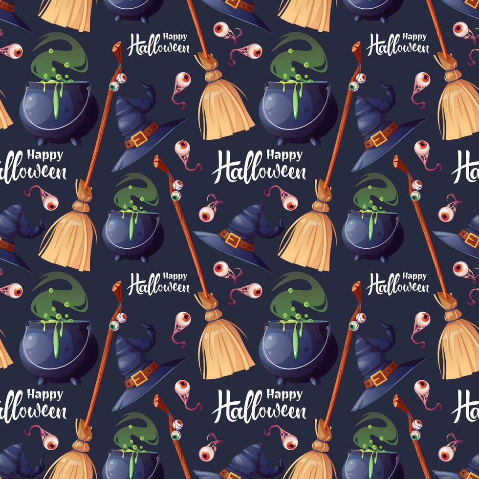 vector halloween naadloos patroon met hoed, heksen ketel en bezem met belettering. magisch achtergrond voor een vreselijk vakantie