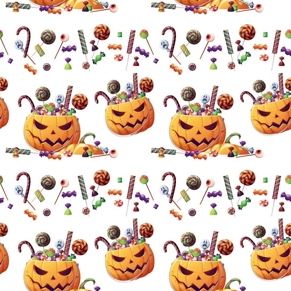 naadloos patroon met halloween snoepgoed en pompoen Aan een wit achtergrond. truc of traktatie. naadloos structuur voor inpakken, textiel, behang, enz. vector