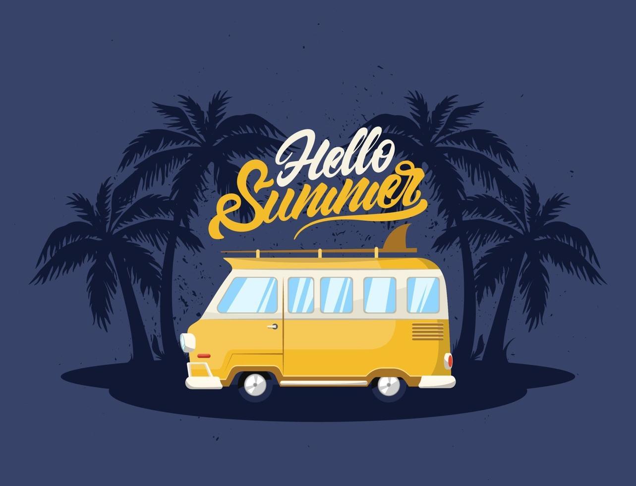 zomer retro busje met palmboom en branding vector