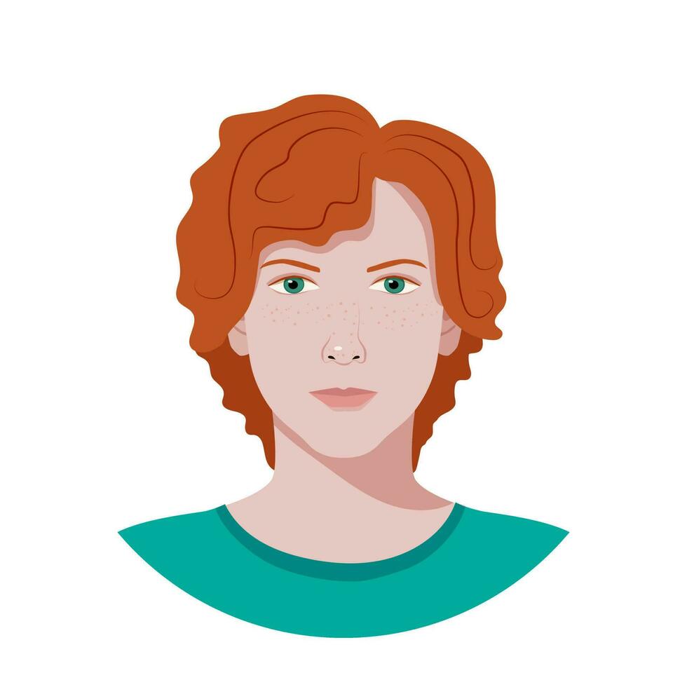 geïsoleerd avatar voor sociaal media van tiener in vlak stijl. vector portret van Europese jong Mens met rood haar- en groen ogen Aan wit achtergrond.