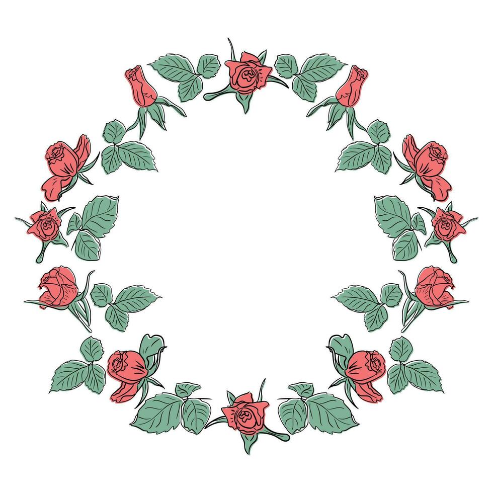 hand- getrokken roze en groen krans met rozen. vector uniek geïsoleerd bloemen illustratie Aan wit achtergrond. perfect voor poster, decoratie, achtergrond, tatoeage, groet kaart, uitnodiging voor bruiloft