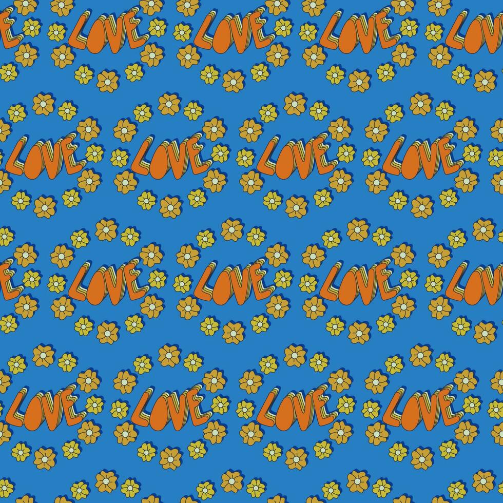 wijnoogst naadloos patroon met woord liefde en bloemen Aan blauw achtergrond. uniek vector ontwerp. ideaal voor kleding stof, behang, omhulsel papier, achtergrond, interieur decor, kinderen textiel