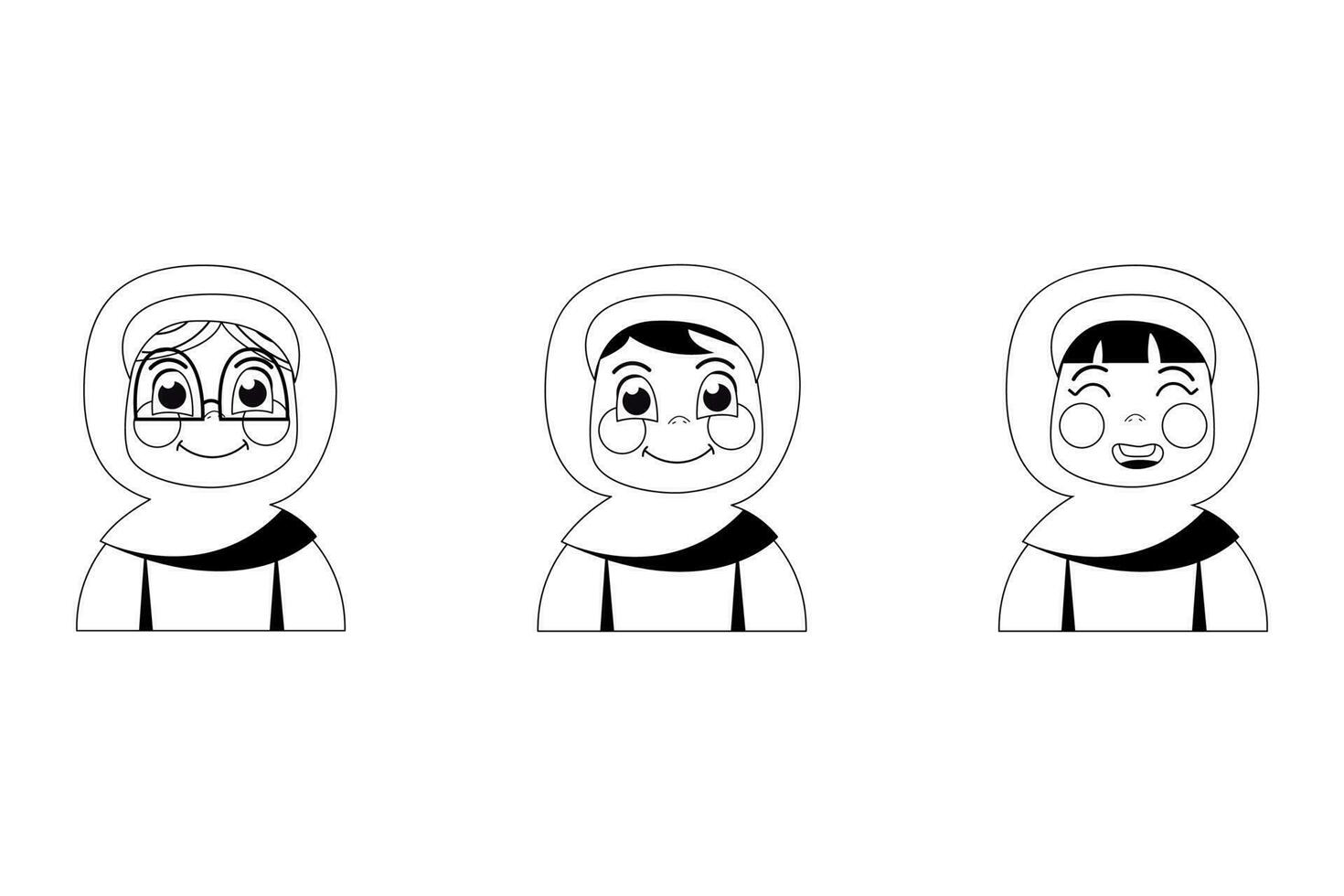 reeks van zwart en wit avatars van tekenfilm kinderen meisjes moslim hijab vector