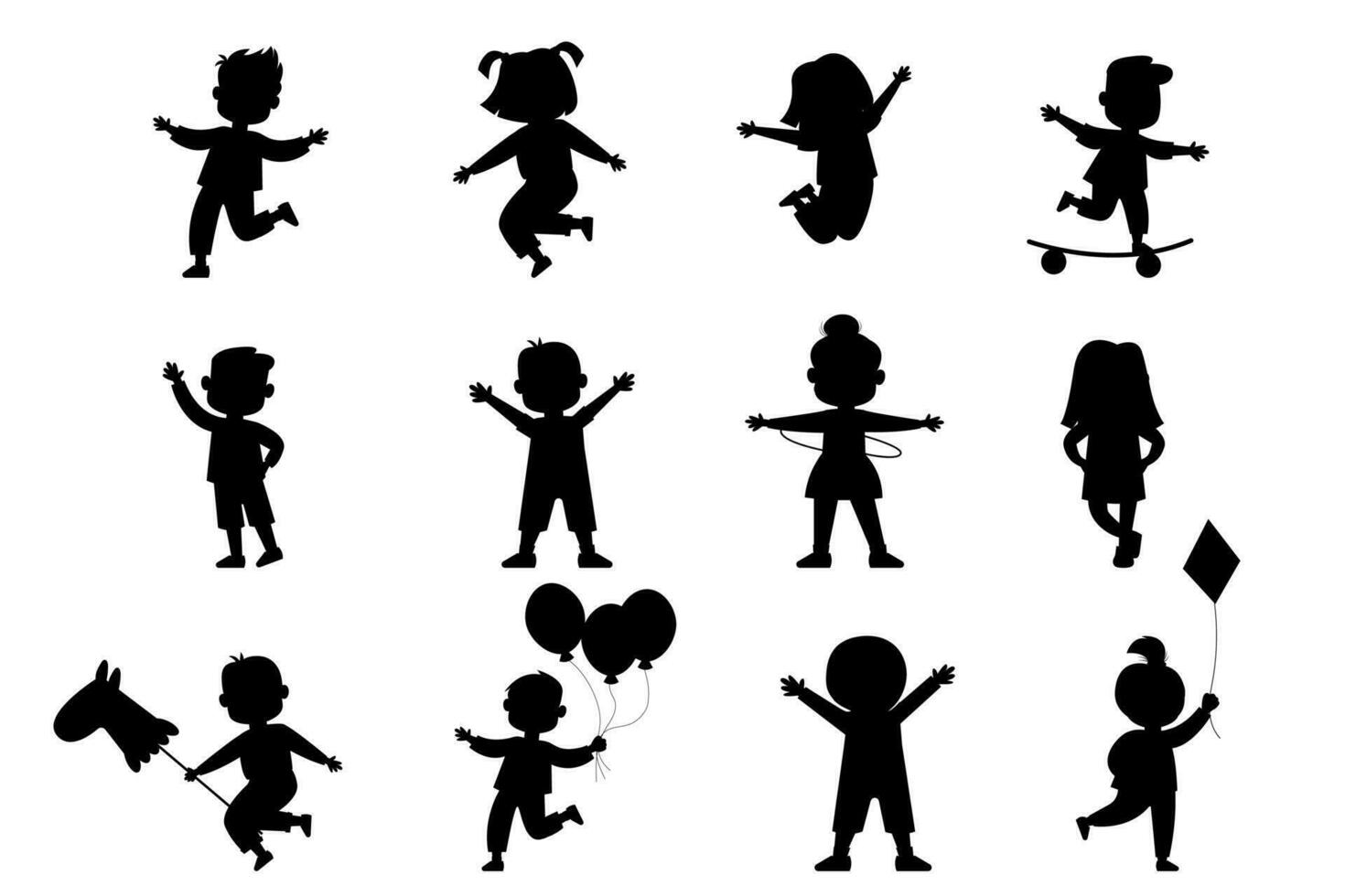 silhouet kinderen, meisjes en jongens staan, jumping vector