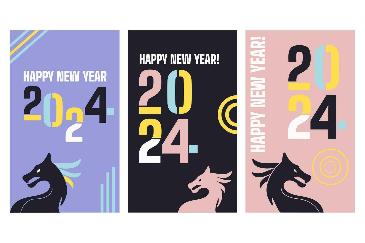 2024 reeks van gelukkig nieuw jaar posters met draak. abstract meetkundig typografie ontwerp vector