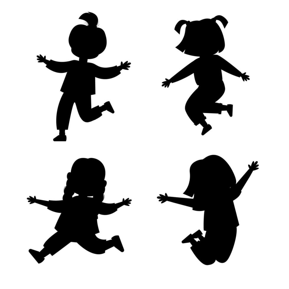 reeks van silhouet kinderen meisjes staand in verschillend poseert, jumping vector