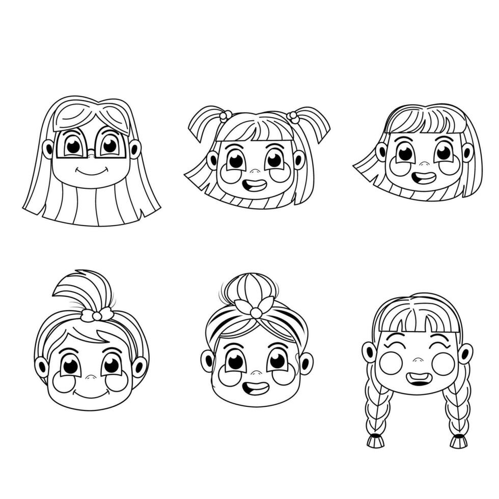 zwart en wit hoofd avatars van kinderen meisjes vector