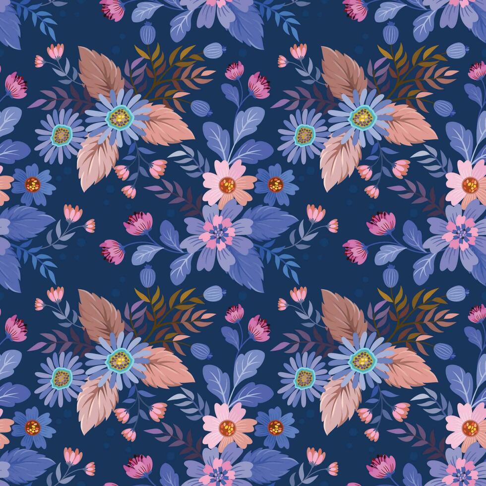 bloemen Aan blauw kleur achtergrond naadloos patroon. vector