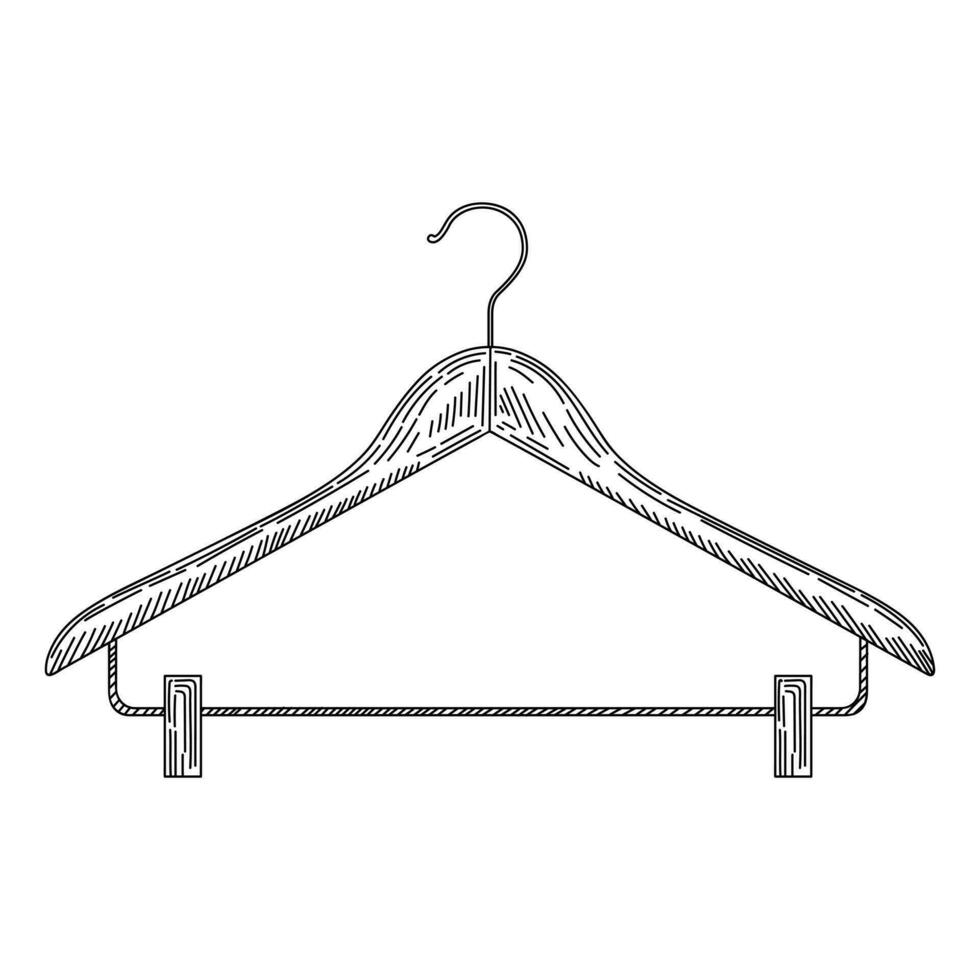 houten jas hanger met wasknijpers in wijnoogst gegraveerde stijl. schetsen van jas hanger. vector