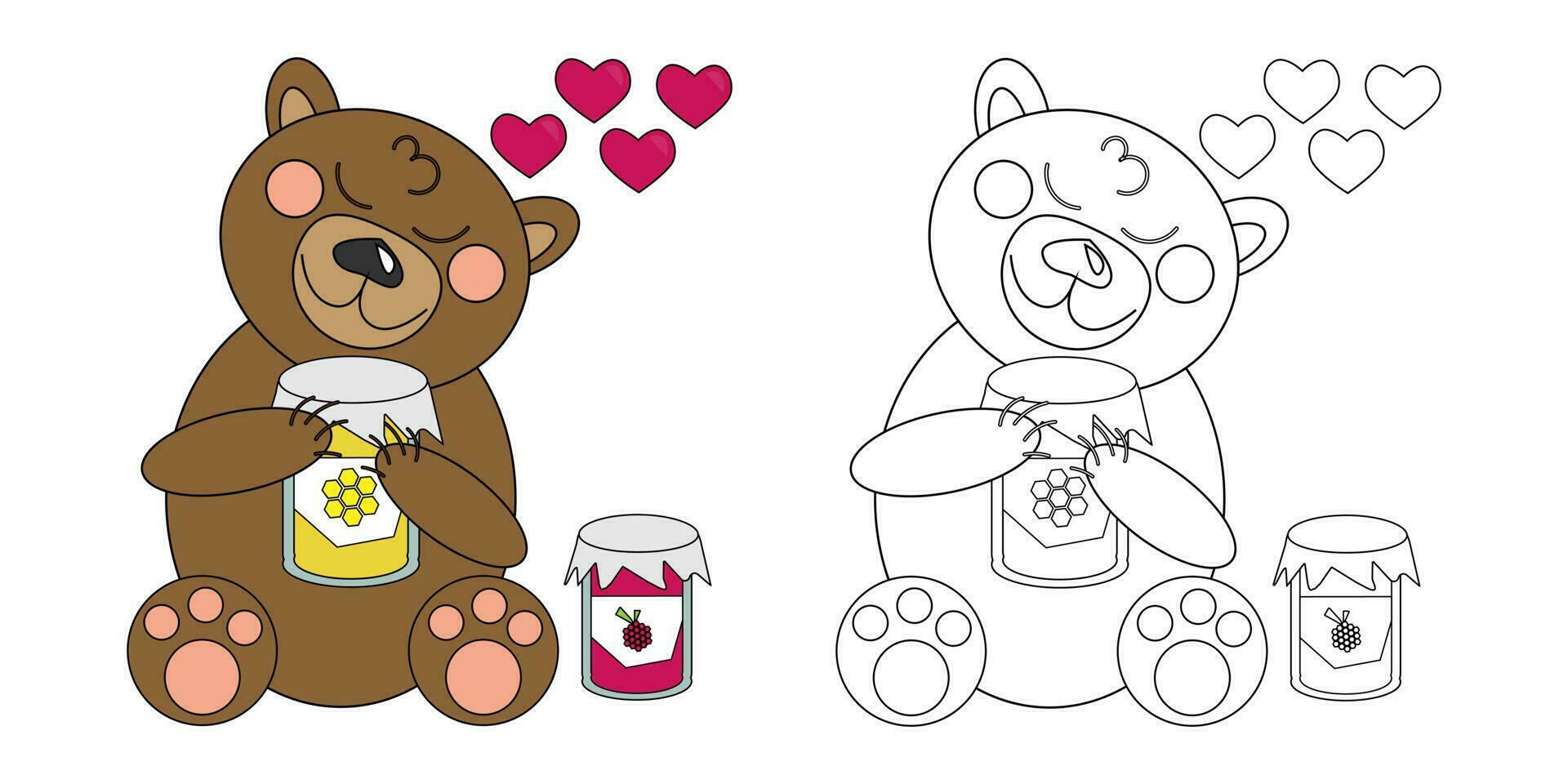 vector illustratie kleur boek bruin tekenfilm teddy beer met behandelt potten van honing en framboos jam. een schets zwart en wit tekening en een kleur versie voor een voorbeeld