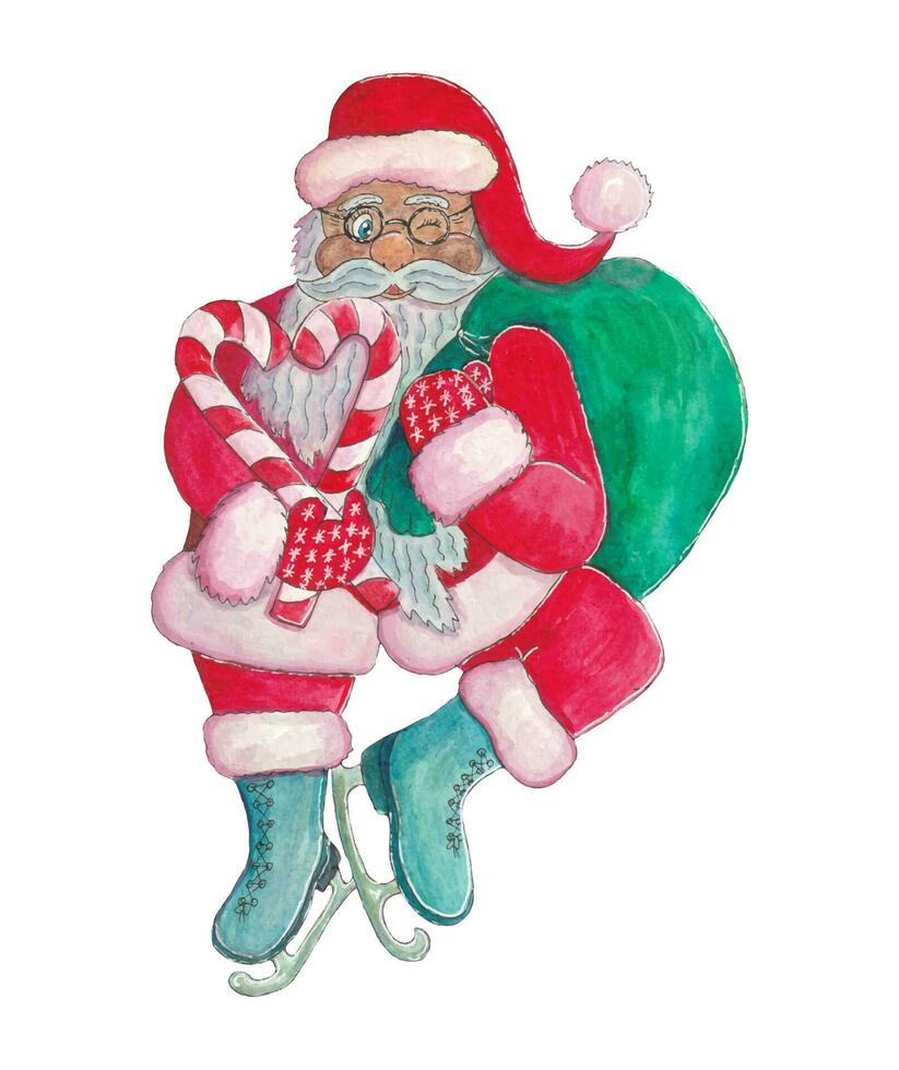 vector waterverf illustratie van de kerstman claus Aan ijs het schaatsen met een zak van cadeaus met suiker wandelstokken in de het formulier van een hart. ontwerp element voor afdrukken en Kerstmis decoraties