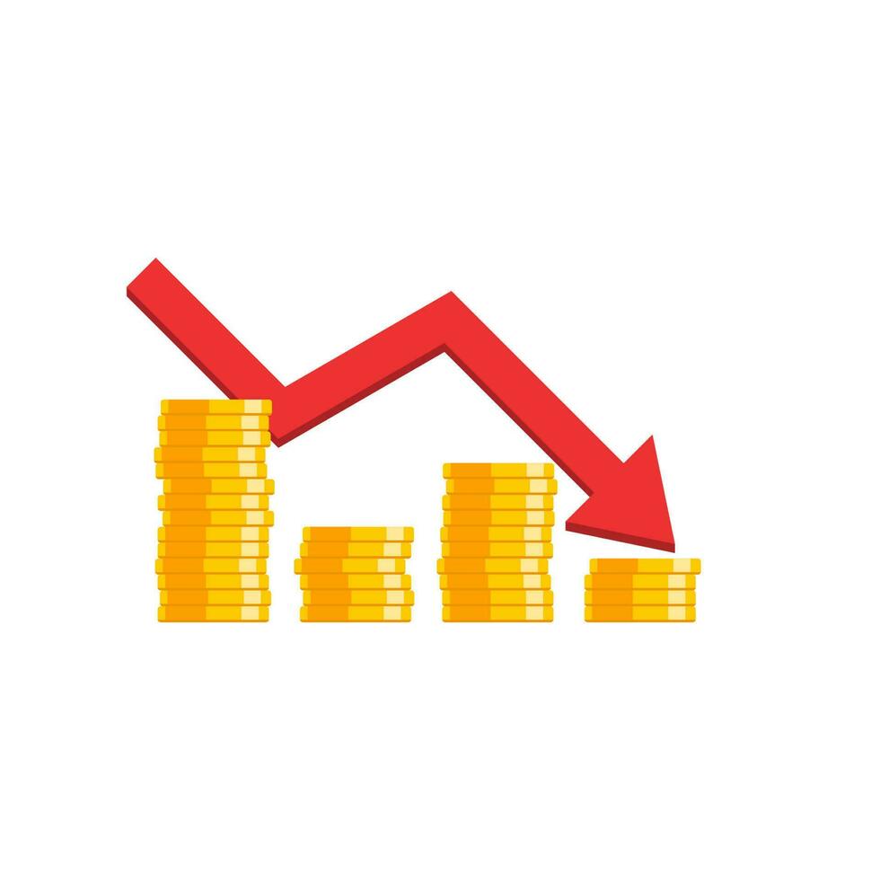 goud munten prijs naar beneden rood diagram wit achtergrond icoon vector geïsoleerd. prijs dollar omlaag. vlak stijl vector illustratie.