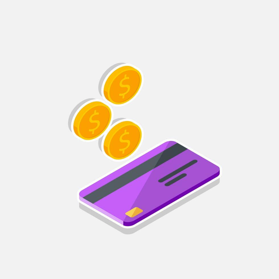 contant geld krijgen een bank kaart Purper Rechtsaf visie - wit beroerte met schaduw icoon vector isometrisch. cashback onderhoud en online geld terugbetaling. concept van overdracht geld, e-commerce, besparing account.