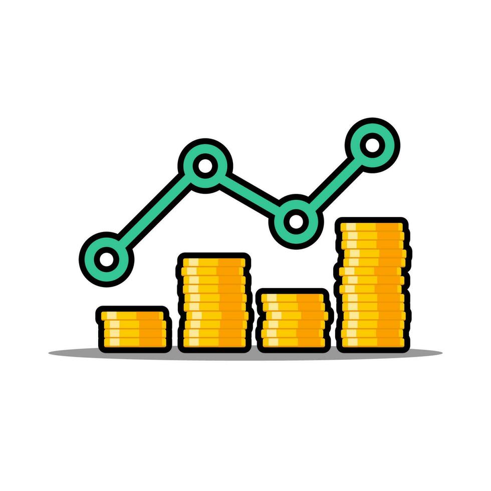 goud munten prijs omhoog groen diagram zwart beroerte en schaduw icoon vector geïsoleerd. prijs dollar omhoog. vlak stijl vector illustratie.