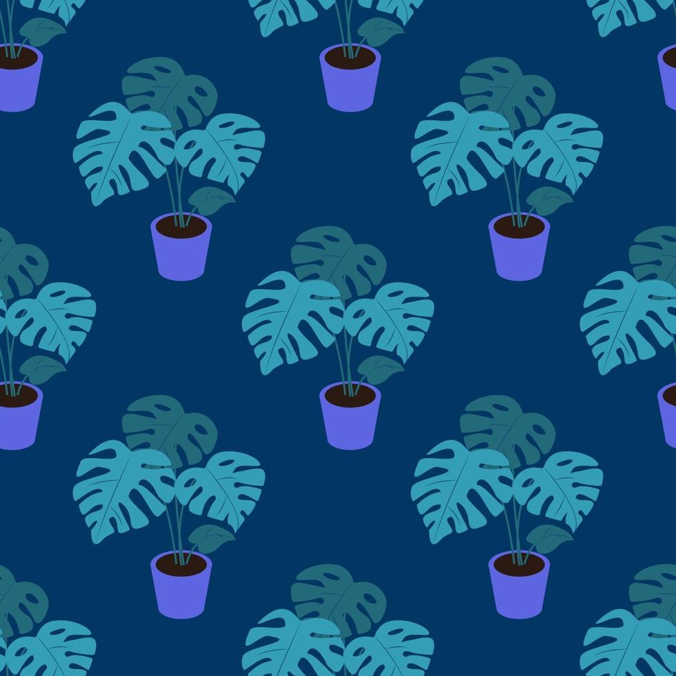 een monstera plant in een pot op een donkerblauwe achtergrond vector naadloze patroon