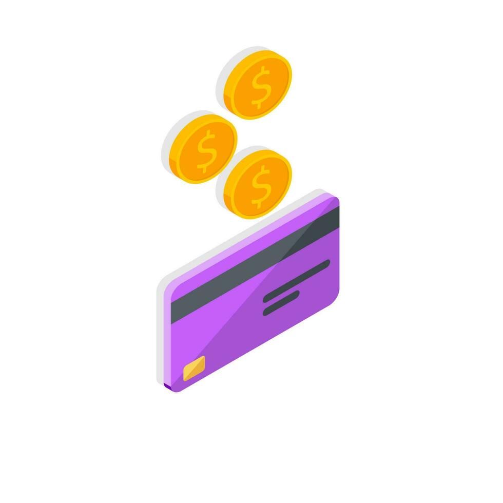 contant geld krijgen een bank kaart Purper Rechtsaf visie - schaduw icoon vector isometrisch. cashback onderhoud en online geld terugbetaling. concept van overdracht geld, e-commerce, besparing account.