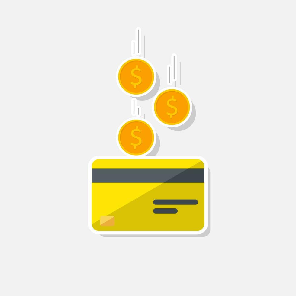 contant geld krijgen een bank kaart geel - wit beroerte met schaduw icoon vector geïsoleerd. cashback onderhoud en online geld terugbetaling. concept van overdracht geld, e-commerce, besparing account.