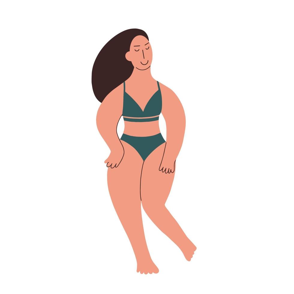 plus size model in ondergoed. een meisje met een ronde vorm pronkt met haar lichaam. lichaam positief. vector vlakke afbeelding